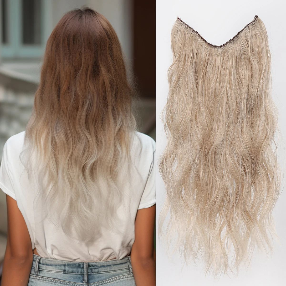 Synthetic Wave No Clip Hair Extensions Light Blonde One Piece False Hairpiece Long Wavy Fish Line Fake Hair Piece for Women