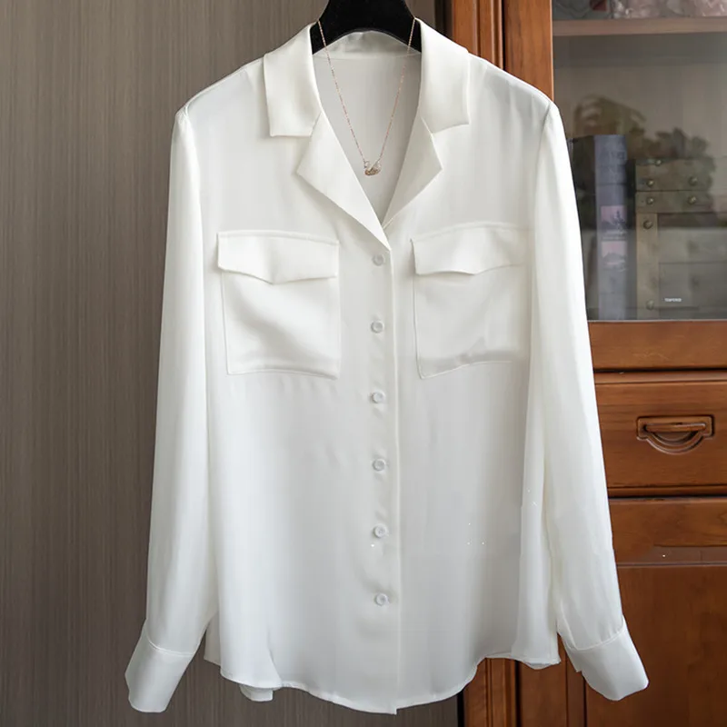 

Suit Collar Double Pocket Long Sleeve Shirt Womens Tops Camisas De Mujer Blouse