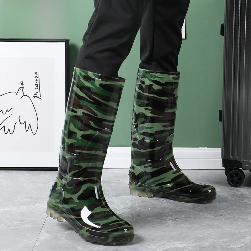 Bottes pluie camouflage traditionnel haute tube pêche - Chaussures caoutchouc jaunes cuisine anti-dérapantes