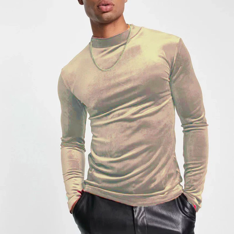 

New Autumn Winter Men Long Sleeve Slim Crop Tops Vintage Pure Color Fleece Bottoming T-Shirt 2024 Men Turtleneck Fleece T Shirts