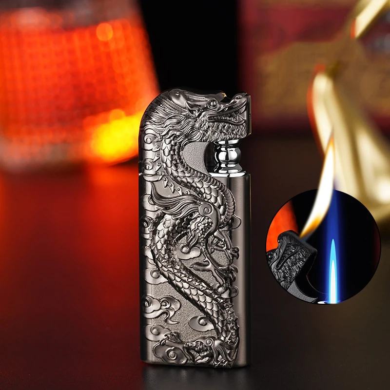 Dual Flame Direct Conversion Open Flame Inflatable Lighters with Metal Three-Dimensional Relief Dragon bbq lighter,butane gas lighter,kerosene lighter