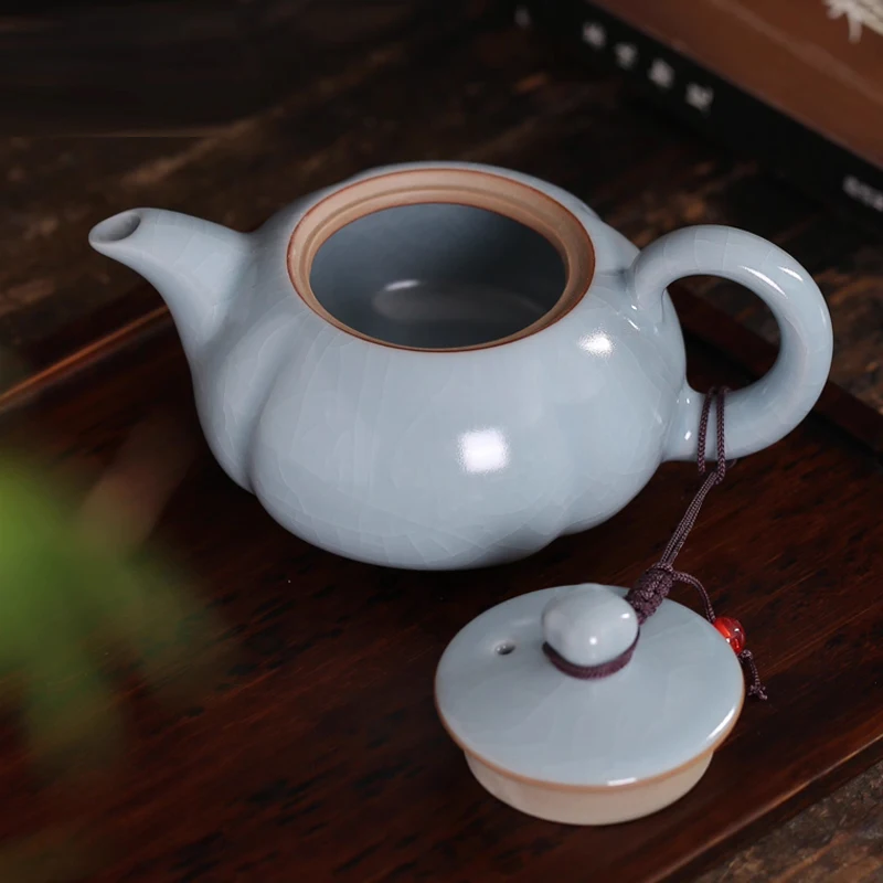 Chinese Style Retro Ceramic Pumpkin shaped Kiln Teapot, Creative Porcelain Single, Kung Fu Household Indoor Supplies, 200ml, 1Pc