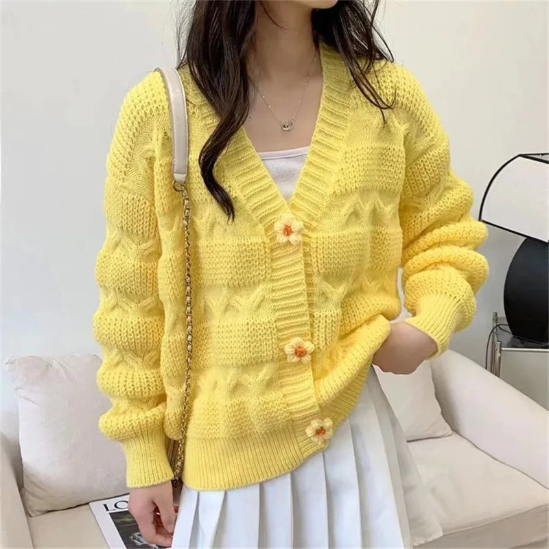 

Winter Clothes Women Cardigans Women Clothing Long Sleeve Top Coats Sweet Style Floral Sweater Korean Style Solid Color Cardigan