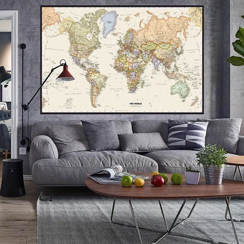 Retro World Map 150x100cm Detailed Map Non-woven Canvas Large Poster Print Wall Hanging Art Painting Living Room Home Decoration
