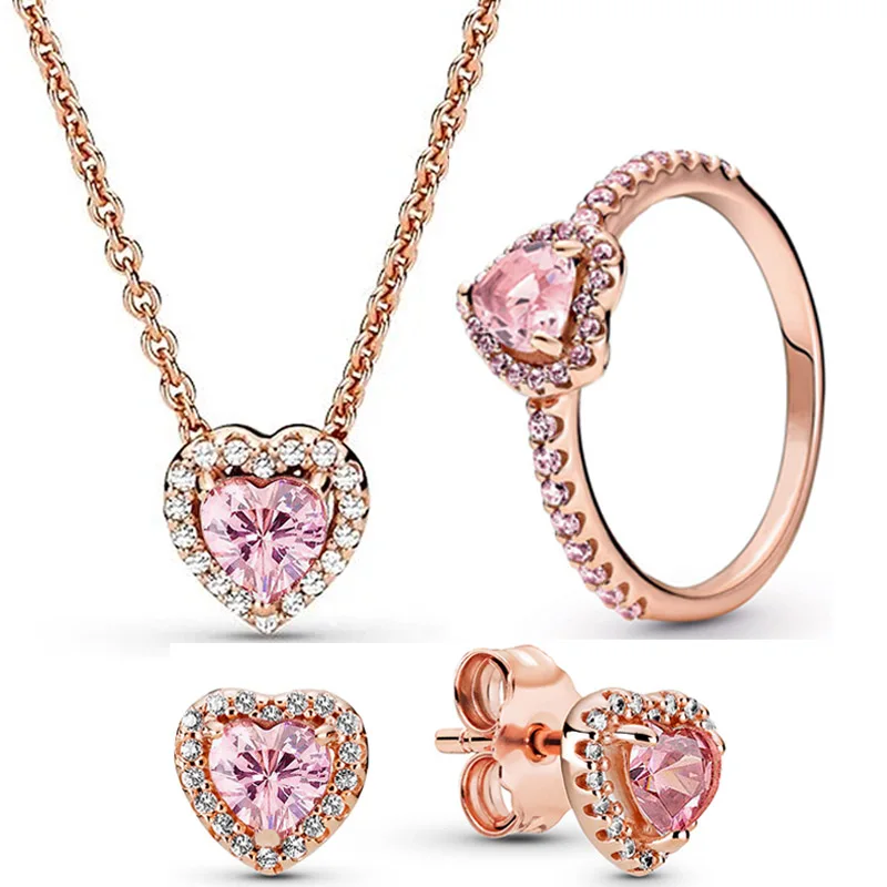 Pandora 925 Orecchini A Cuore Rialzato In Argento Sterling Anello Collana In Oro Rosa Con Set Di Gioielli In Cristallo Rosa Regalo Per Donna Moglie