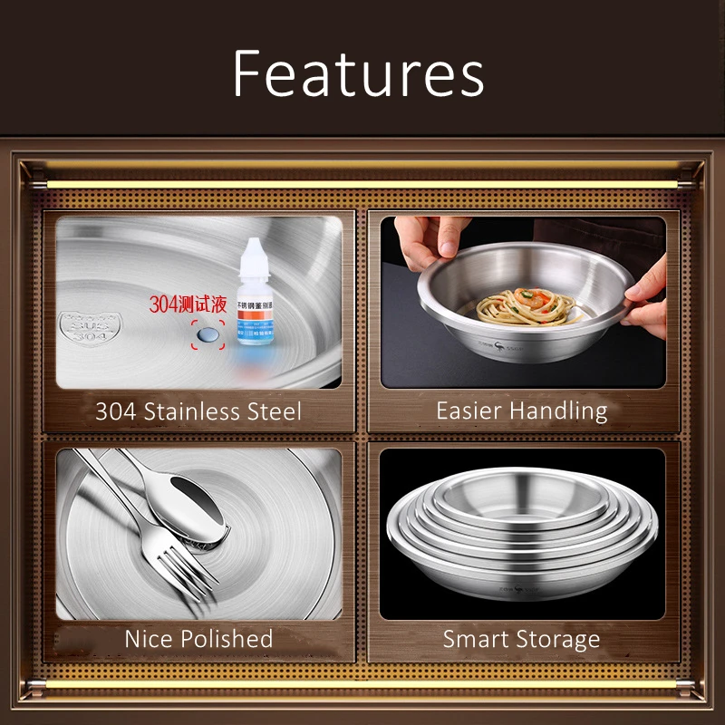 6 Pieces of LFGB Certificated 304 Stainless Steel Plate Set 18cm-28cm Luxury Fall Resistant Course Dish for Family Dining Room