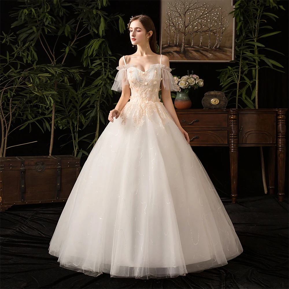 

H21 Princess Sexy Sweetheart Off Shoulder Spaghetti Strap A-line Bridal Gown Lace Applique Wedding Dress For Women 2024