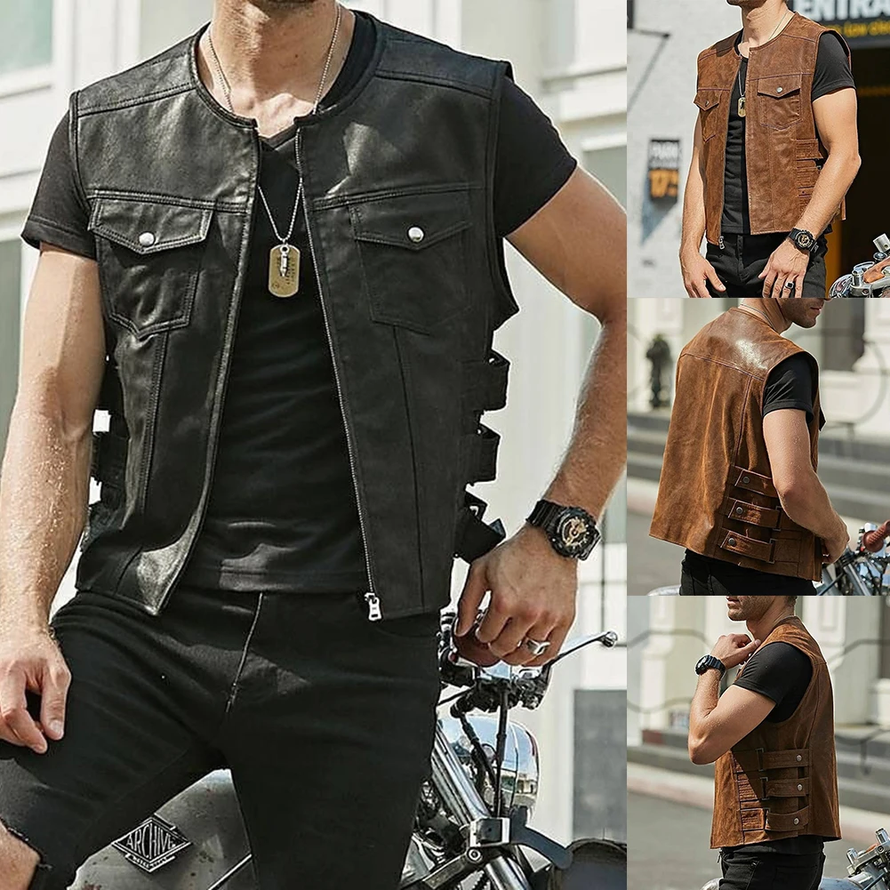 Description Picture 2 of itemAutumn Men Biker Faux Leather Vest Jacket Waistcoat Motorcycle Vest Solid Color Zip Up Cardigan Vest Tops Male Streetwear