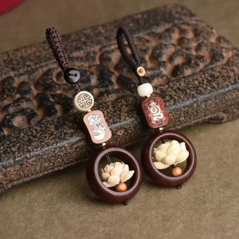 

New Buddhism Lotus Flower Keychain Accessories Wooden Buddha Lucky Beads Keyring Jade Pendant Car Bag Key Chain Buddhist Gift