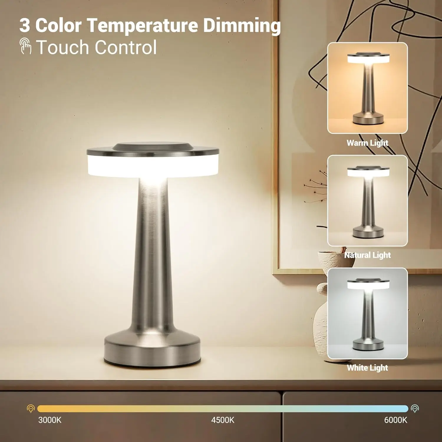 LED Table Lamp Touch Sensor Rechargeable Desktop Night Light Wireless Reading Lamp for Restaurant Hotel Bar Bedroom Decor Light 3