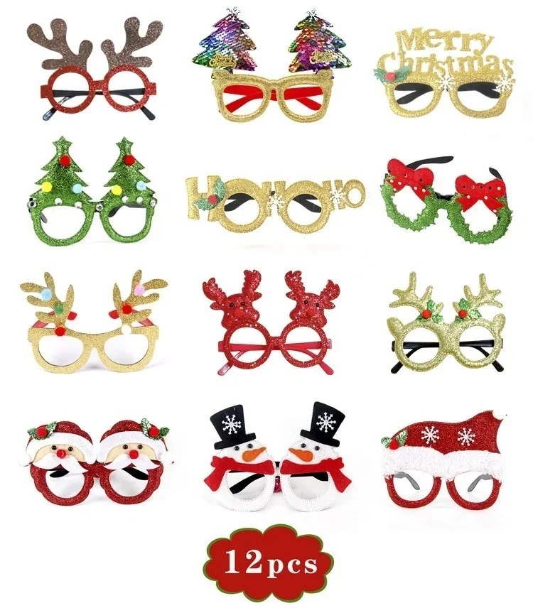 Christmas Glasses Decoration Universal Christmas Hat 6/12/18 Pcs Glasses Glitter Party Frames