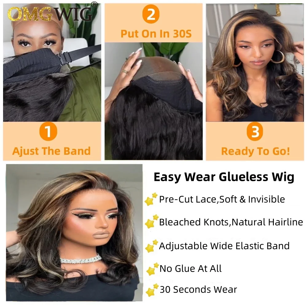 Glueless Blonde Highlight With Dark Brown Layered Wavy Human Hair Wig 360 Pre-Cut Lace Body Wave Wig For Black Women Brazilian