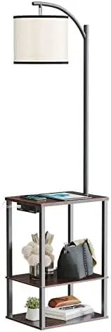 

Lamp with Table, Lamps for Living Room with Charging Station(USB & AC Port), Rustic End Table Lamp with Shelves & 3-Colo