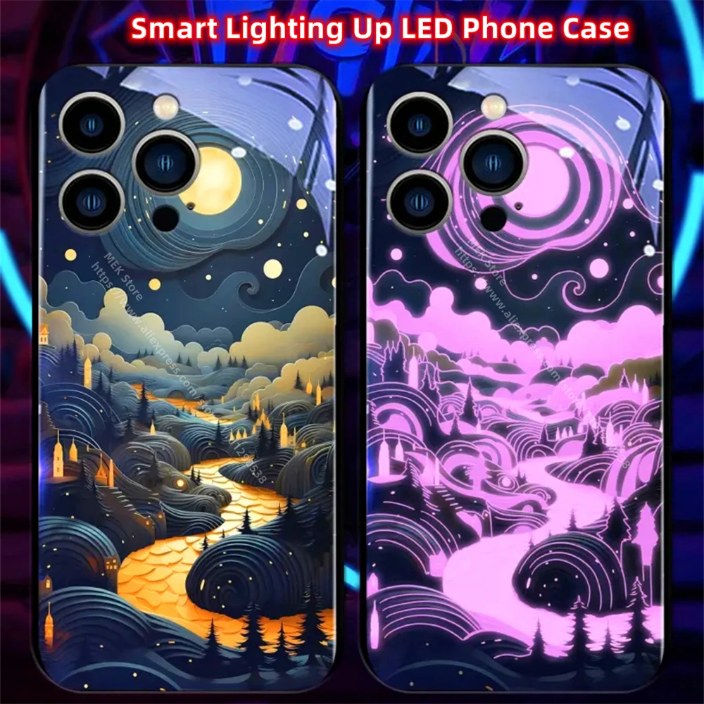 

Punk Dream Village Design Sound Control LED Flash Cases Luminous Glass Cover For iPhone 15 14 13 12 11 Pro Max XR XS Plus SE2020