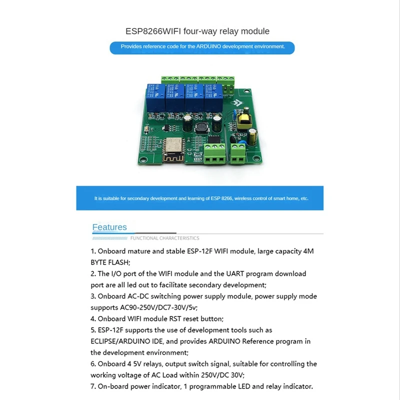 4채널 ESP8266 무선 WIFI 릴레이 모듈 ESP-12F 개발 보드 AC90-250V/DC7-30V/5V E- APP 원격 제어-ABFB