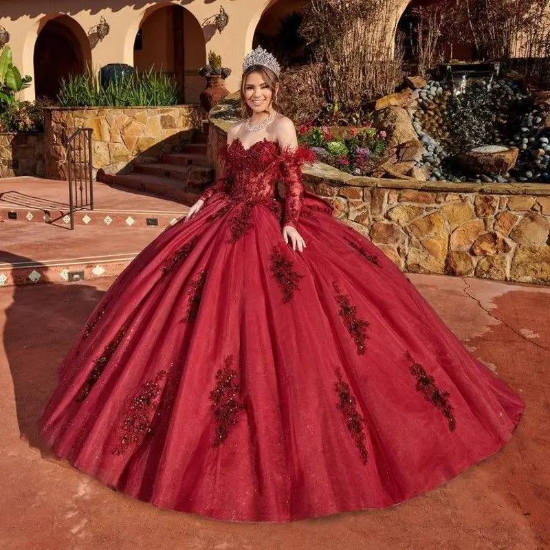 

Lorencia Glitter Burgundy Quinceanera Dress Lace Applique Feather Beading Detachable Sleeve Sweet 16 Vestidos De 15 Años YQD662