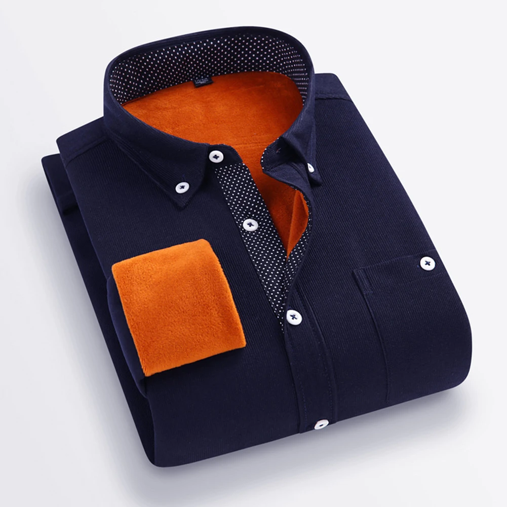

Blouse Shirt Thickened Vintage Warm Men Retro Button Down Casual Corduroy Fashion Fleece Lapel Solid Color Tops