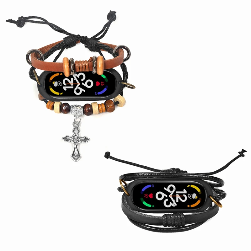 Leather Braided Rope Bracelet For Xiaomi Mi Band 7 Wrist Strap Replacement Retro Weave Silicone Watch Protector Case Accessories