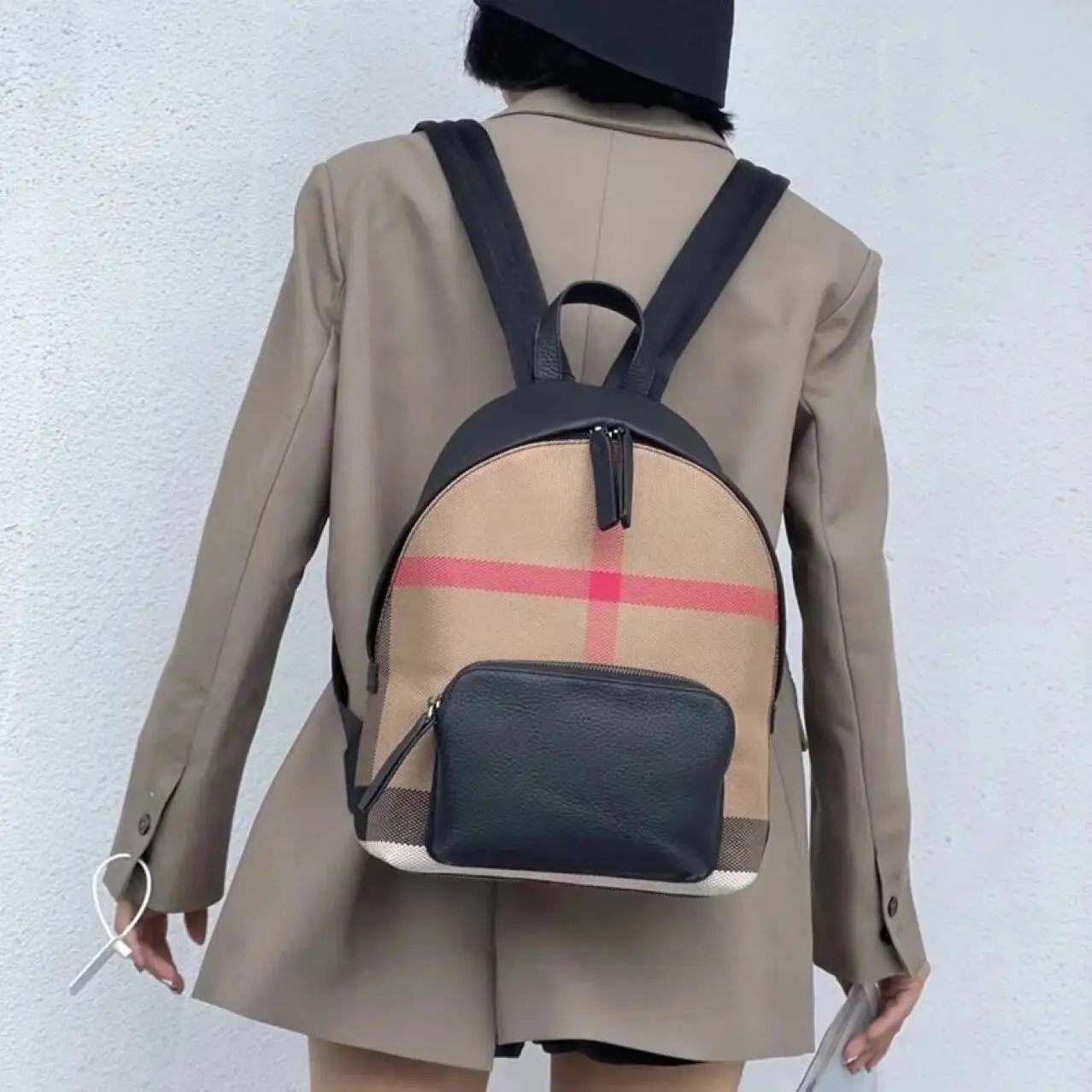 Double Zipper Design Fashionable Canvas+Cowhide Backpack Canvas Backpack For Women Trendy 2025 New Plaid Brown Women's Bag 5