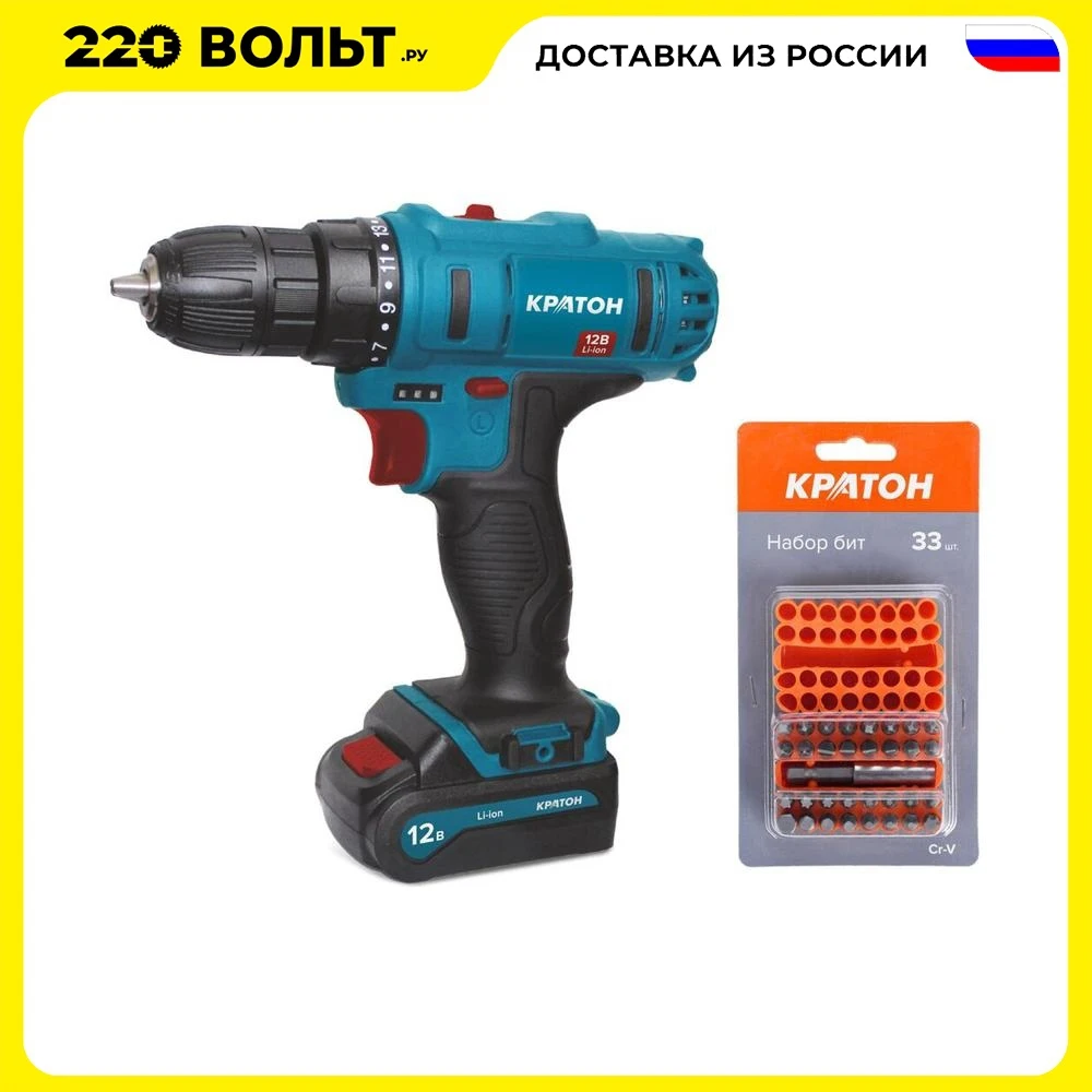 Набор: Дрель-шуруповерт КРАТОН CD-12-Li-1 5+Набор бит 11201002 (33 предмета) | Инструменты