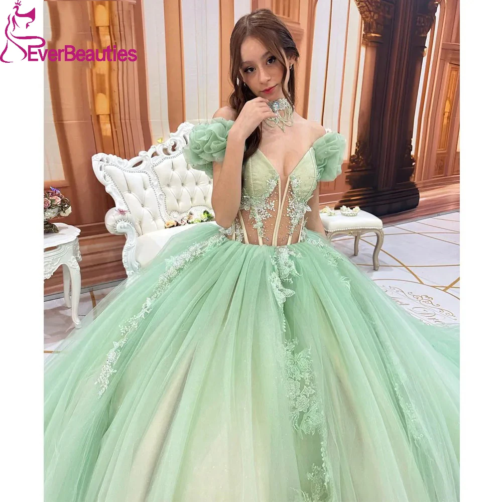 

Mint Green Ball Gown Quinceanera Dresses Платья на выпускн Tulle Appliques vestidos de 15 quinceañera Prom Dress Sweet 16 Dress