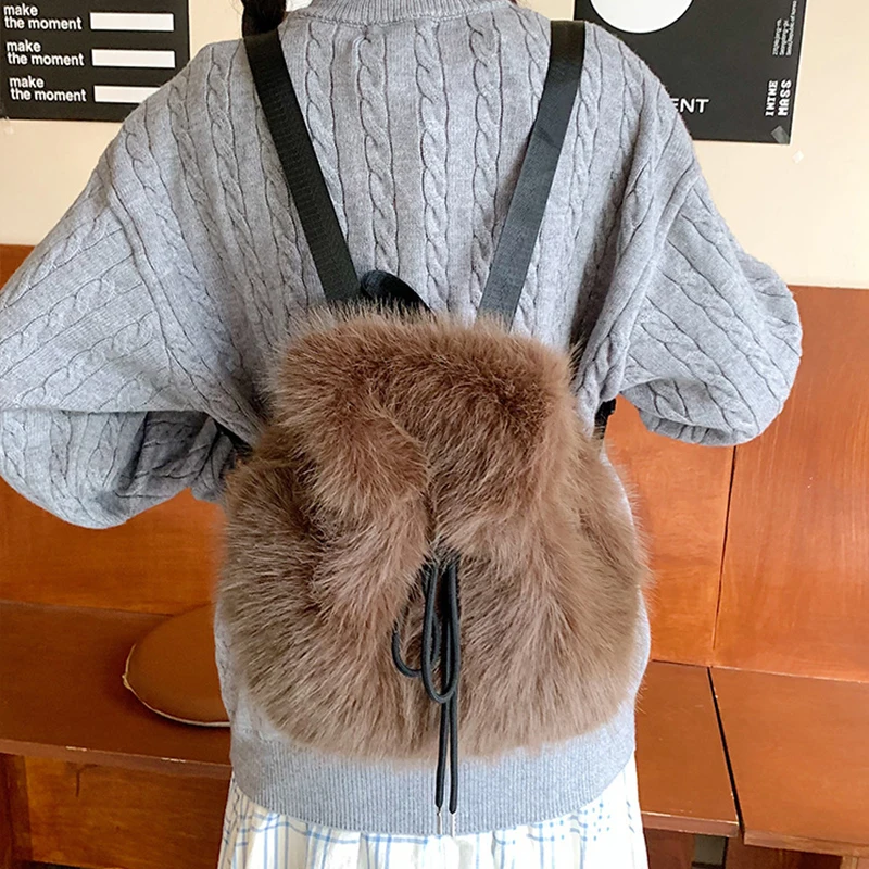 Winter Soft Plush Women's Backpack Solid Color Luxury Fake Fur Shoulder Handbag Fashionable Ladies Schoolbag for Females