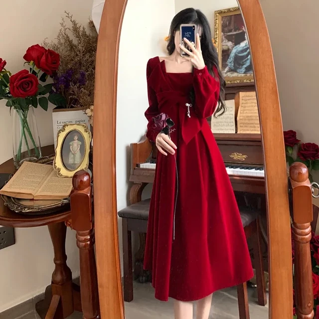 Robe de soirée de noël rouge en velours pour femmes, élégante, à manches  longues, col carré, grand nœud, à la mode - AliExpress