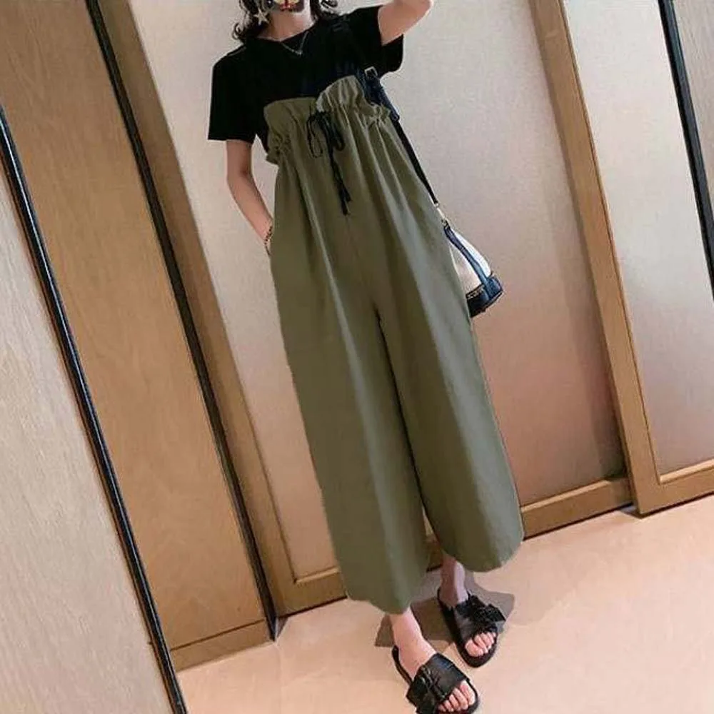 

Two Piece Sets Preppy Short Sleeve And Loose High Waist Bib Cropped Wide Leg Lounge Pants Jumpsuit 2022 Summer Korea Japan