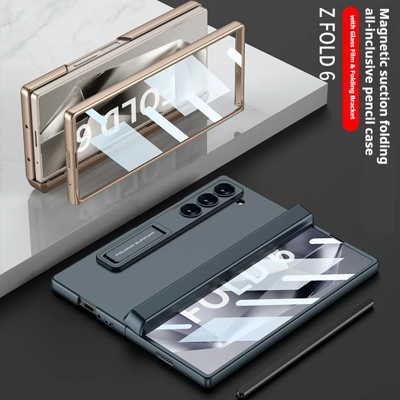 Coque arrière rigide en polycarbonate givré pour Samsung Galaxy Z Fold 6 5 4 3 avec boîte à stylo magnétique et support de téléphone, film d'écran en verre_voghion.com