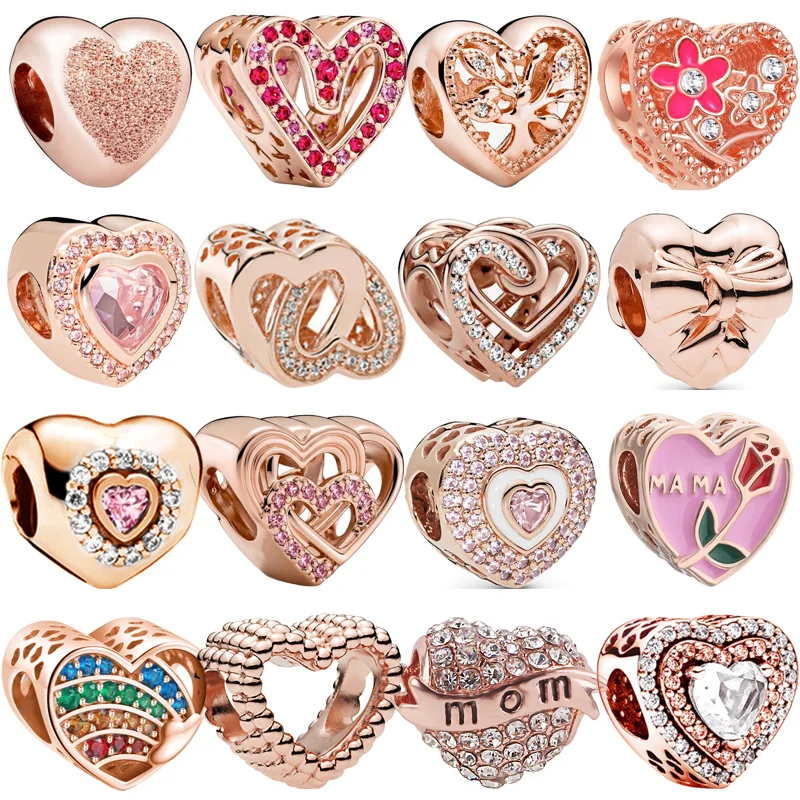 

New Rose Gold Heart Shaped Love Flowers Hollow Infinite Sweet Beads Fit Original Pandora Charm Silver Color Bracelet DIY Jewelry