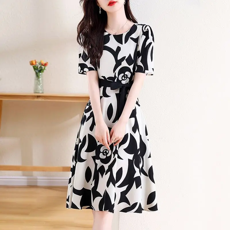 

French style Herben ethos quality black and white elegant print dress summer new highend Korean version a word meat skirt female