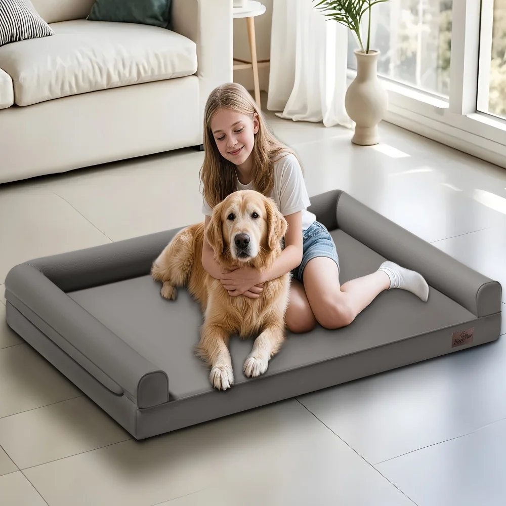 M-XXL Orthopedic Dog Bed Bolster Microfiber Leather Pet Dog Sofa Waterproof Couch Calming Bed with Removable Cover Easy Clean 2