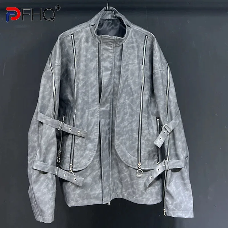 

PFHQ Men's Pu Heavy Metal Coat High Street Old Washed Loose Autumn Personality Haute Quality Zippers Creativity Jackets 21Z3052