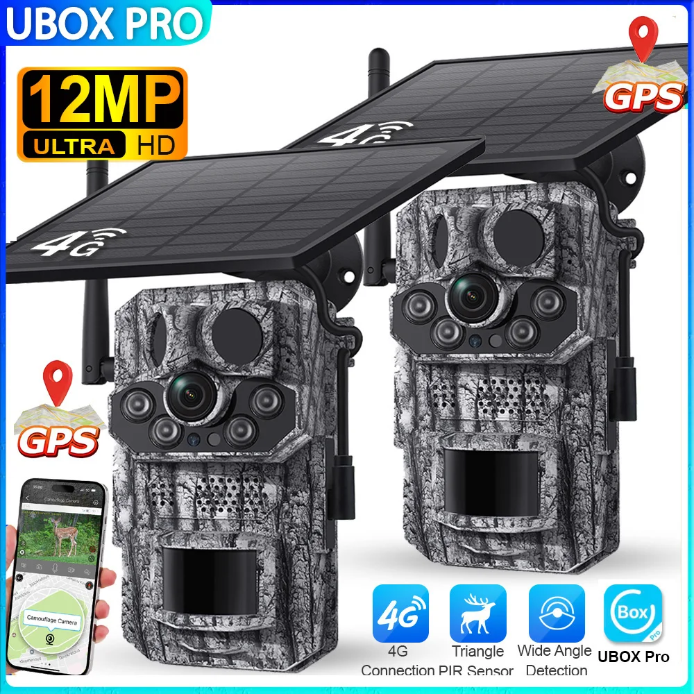 2PCS 4G LTE Cellular Trail Camera 12MP Live Stream Trail Cam Outdoor Solar Hunting Camera Night Vision Motion Activated Ubox pro 1