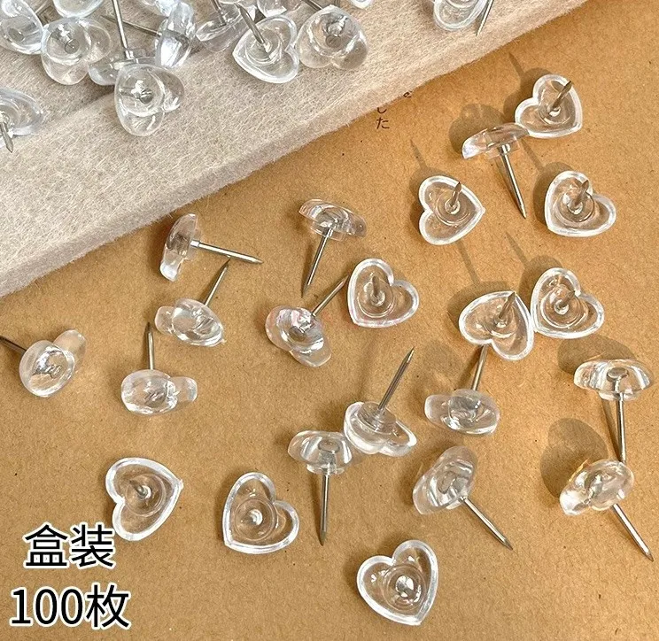 100개 사랑 모양 푸시핀 사무용품 유치원 사진 벽 메시지 보드 장 은색 못핀