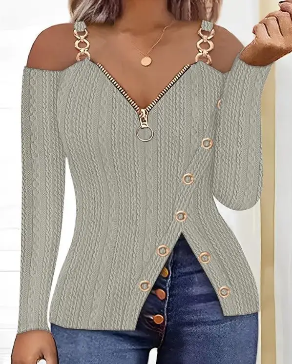 

Fashion Woman Blouse 2023 Summer Casual Daily V-Neck Cold Shoulder Chain Decor Slit Cable Textured Top Women Basic Versatile Y2K