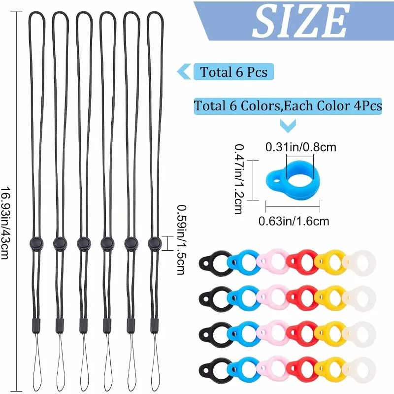 30PCS Anti-Lost Necklace Lanyard Set Include 6PCS Black Neck Lanyard Necklace Straps Pendant and 24PCS 8mm 6 Colors Silicone