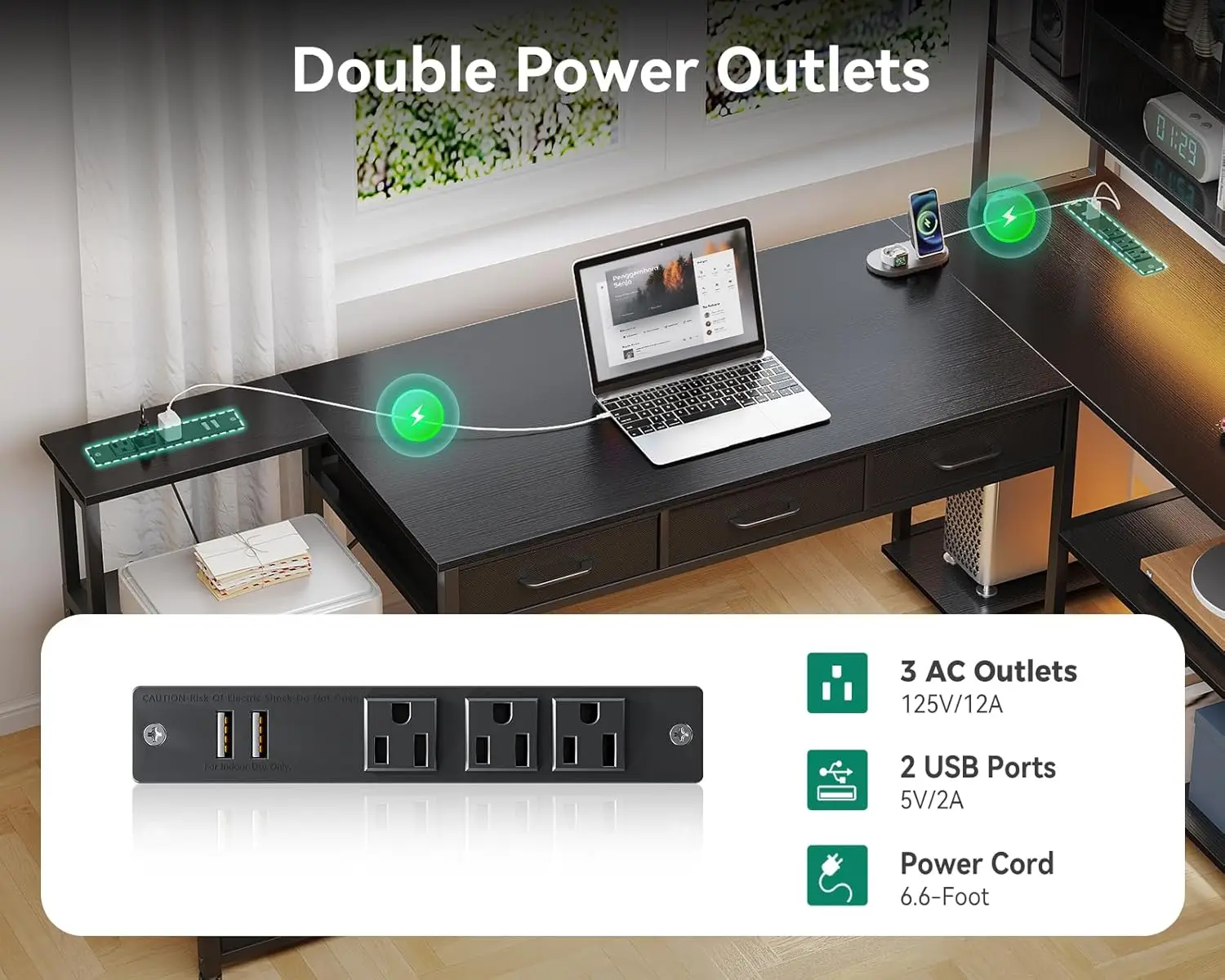 L Shaped Desk with File Drawers, Reversible L Shaped Gaming Desk with Power Outlets & LED Lights