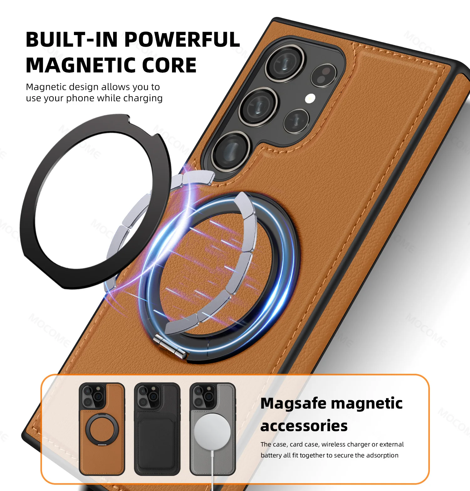Leather Magnetic Magsafe Wireless Charging Case for Samsung Galaxy S24 Ultra S23 S22, 360° Rotating Ring Kickstand Phone Cover