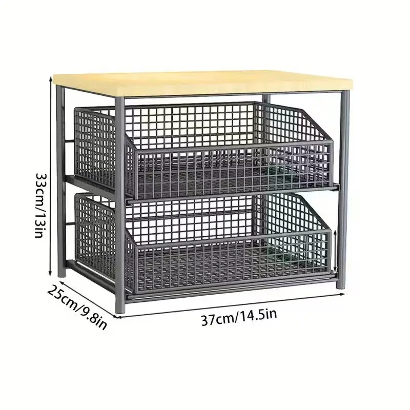 1pc Space-Saving Kitchen Countertop Organizer with Drawer and Metal Basket - Sturdy Solid Wood and Metal Multi-Layer Storage