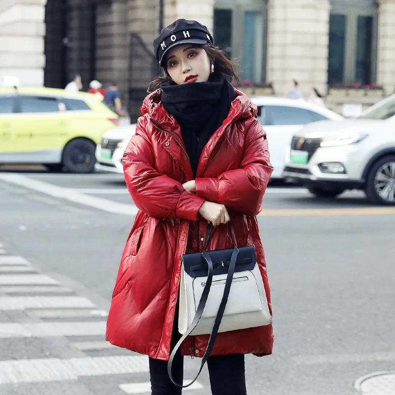 Women Down Jacket Winter Coat Female Loose White Duck Down Parkas Warm Thick Outwear Mid Length Version Hooded Overcoat 2023 New