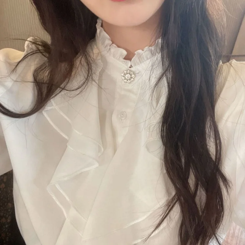 Miss Jmshop Came to Report Early Autumn Top Women's White Super Fairy Shirt Design Sense Princess Long Sleeve Shirt waist belt rivet decor super comfortable exquisite faux leather women belt great modern design women waist belt for work