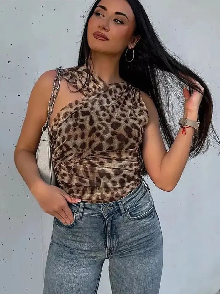 HH Leopard Print Jumpsuit Women Tulle Ruched Irregular Lady Bodysuit 2024 Summer Backless Beach Slim Halter Playsuit