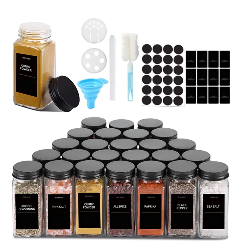 Seasoning Jar 12pcs Seasoning Bottle Set 4oz Square Spice Jars Black Silver Aluminum Wood Lids Jar Kitchen Barbecue Herb & Spice Tools