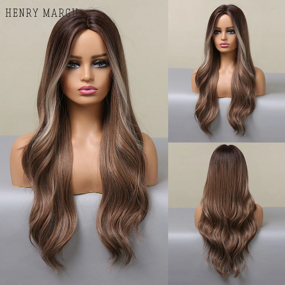 HENRY MARGU Long Ombre Black Brown Wavy Synthetic Wigs Hightlight Natural Middle Part Hair Wig for Women Cosplay Heat Resistant