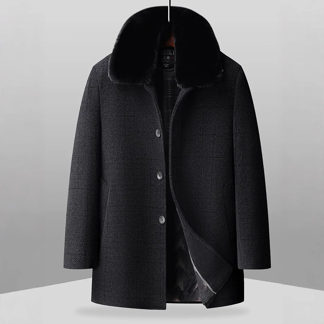 Fashionable Men's Midlife Coat Black Woolen Outerwear Fleece Lined Winter Cotton Clothes Thickened Single Button Closure
