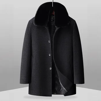 Fashionable Men's Midlife Coat Black Woolen Outerwear Fleece Lined Winter Cotton Clothes Thickened Single Button Closure