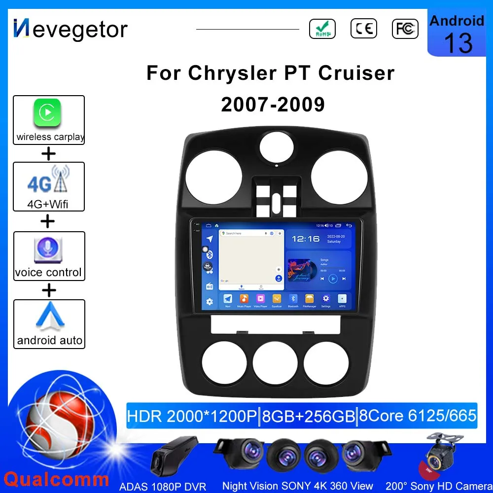 

Автомобильное радио Qualcomm Snapdragon Android 13 CarPlay для Chrysler PT Cruiser 2007-2009 Автомобильный мультимедийный плеер стерео навигация 2DIN