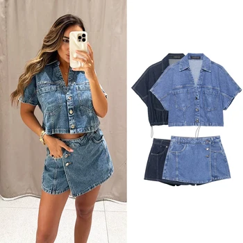 Women's Chic Denim Shorts Suit Sets Or Female Short Sleeve V-Neck Button Shirts T-Shirts Tops Summer High Waist Skirt Shorts 1