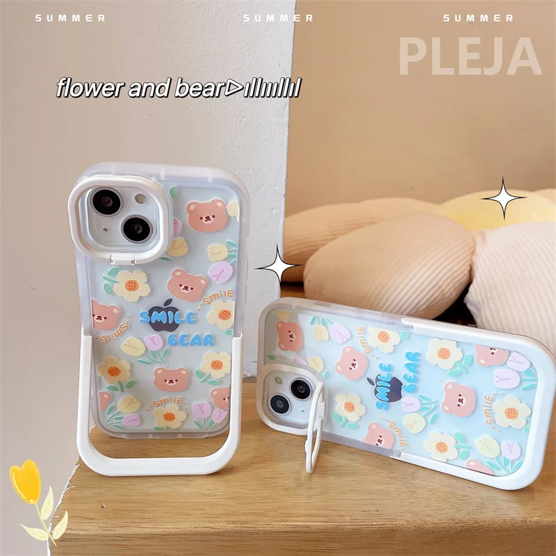 11 cases Cute Camera Lens Flip Holder Phone Case For iphone 13 12 11 Pro Max X XR XS Max Cover Cartoon Bear Flower Soft Protective Cases iphone 11 case with card holder